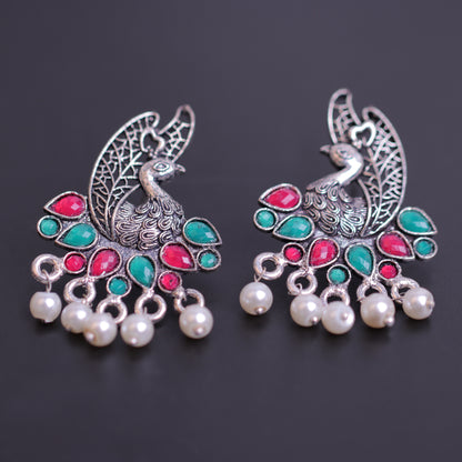 Multicolored Stone Studded Peacock Earrings