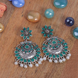 Green Stone Studded Statement Oxidised Earrings With Hanging Pearls