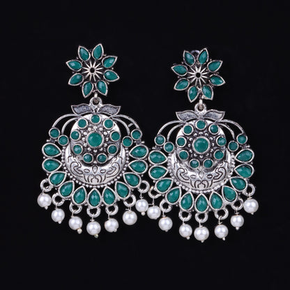 Green Stone Studded Statement Oxidised Earrings With Hanging Pearls