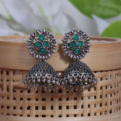 Green Stone Studded Oxidised Earrings With Hanging Jhumki