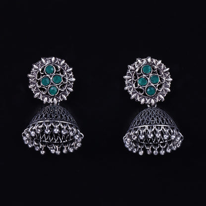 Green Stone Studded Oxidised Earrings With Hanging Jhumki