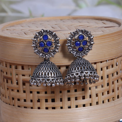 Blue Stone Studded Oxidised Earrings With Hanging Jhumki