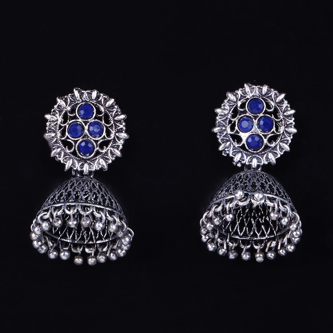 Blue Stone Studded Oxidised Earrings With Hanging Jhumki