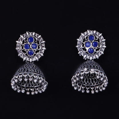 Blue Stone Studded Oxidised Earrings With Hanging Jhumki