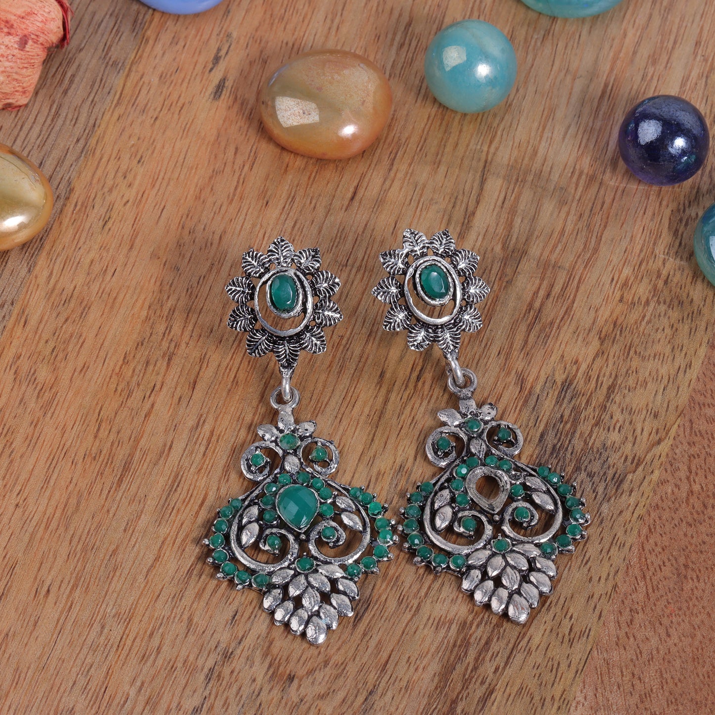 Green Stone Studded Statement Oxidised Earrings