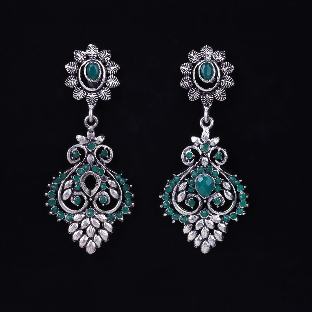 Green Stone Studded Statement Oxidised Earrings