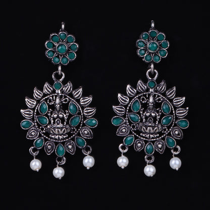 Green Stone Studded Laxmi Motif Oxidised Earrings With Hanging Pearls