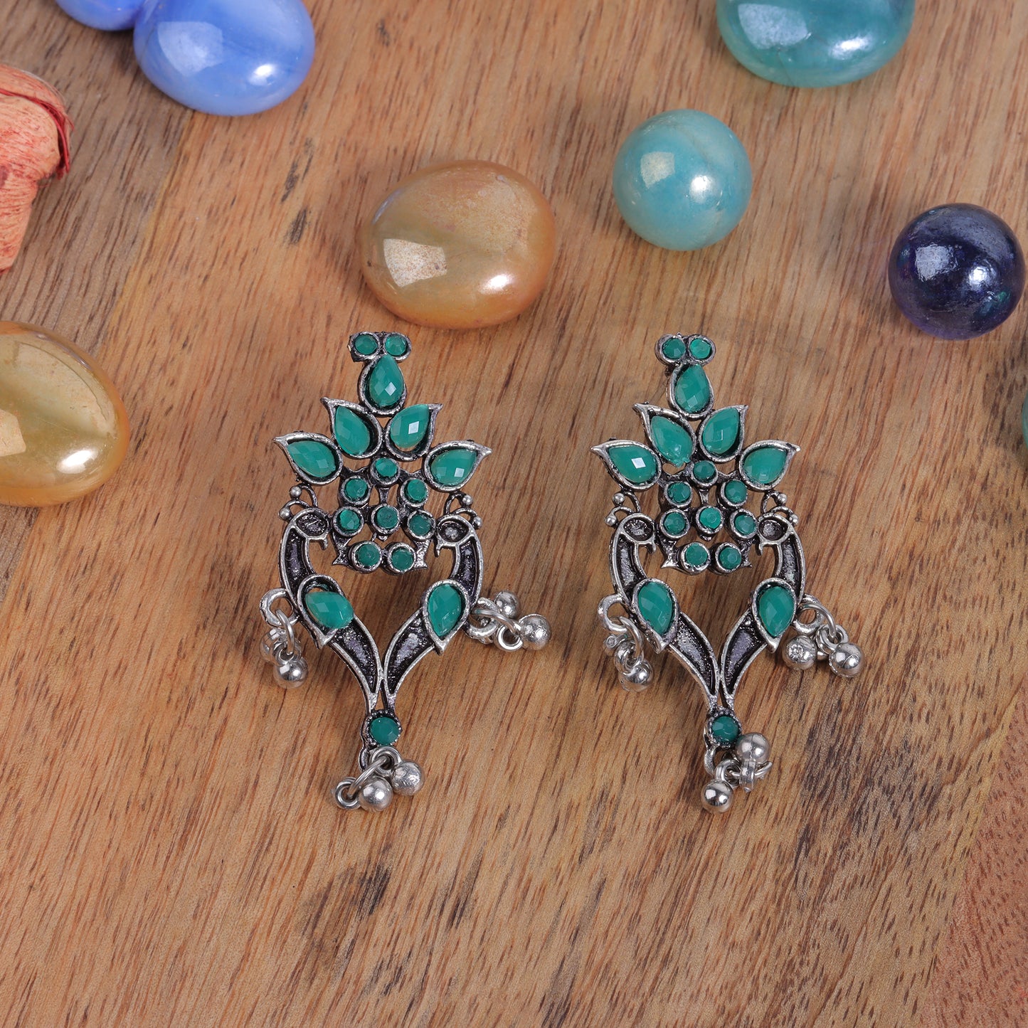 Green Stone Studded Oxidised Dangler Earrings