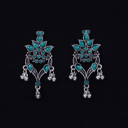 Green Stone Studded Oxidised Dangler Earrings