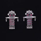 Red Stone Studded Oxidised Earrings With Hanging Ghunghuroo