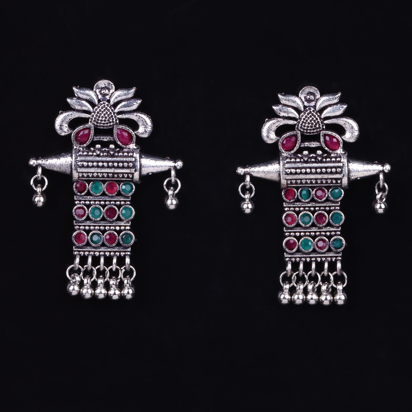 Multicolored Stone Studded Oxidised Earrings With Hanging Ghunghuroo