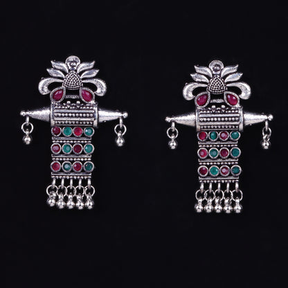 Multicolored Stone Studded Oxidised Earrings With Hanging Ghunghuroo