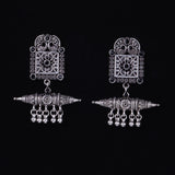 Black Stone Studded Oxidised Statement Earrings With Hanging Ghunghuroo