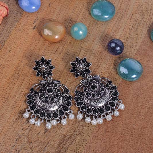 Black Stone Studded Statement Oxidised Earrings With Hanging Pearls