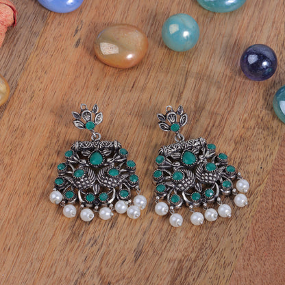 Green Stone Studded Danglers With Hanging Pearls