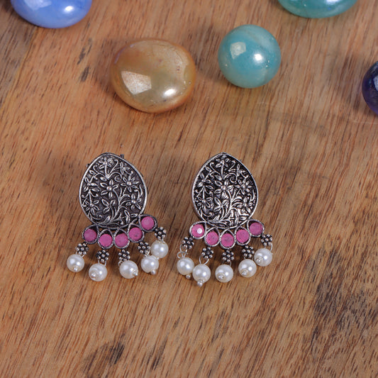 Baby Pink Stone Studded Elegant Oxidised Stud Earrings