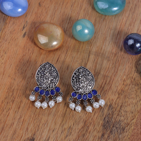 Blue Stone Studded Elegant Oxidised Stud Earrings