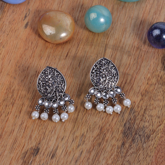 White Stone Studded Elegant Oxidised Stud Earrings