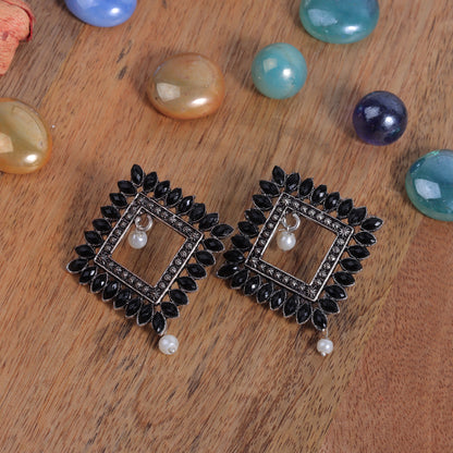 Black Stone Studded Square German Silver Earrings