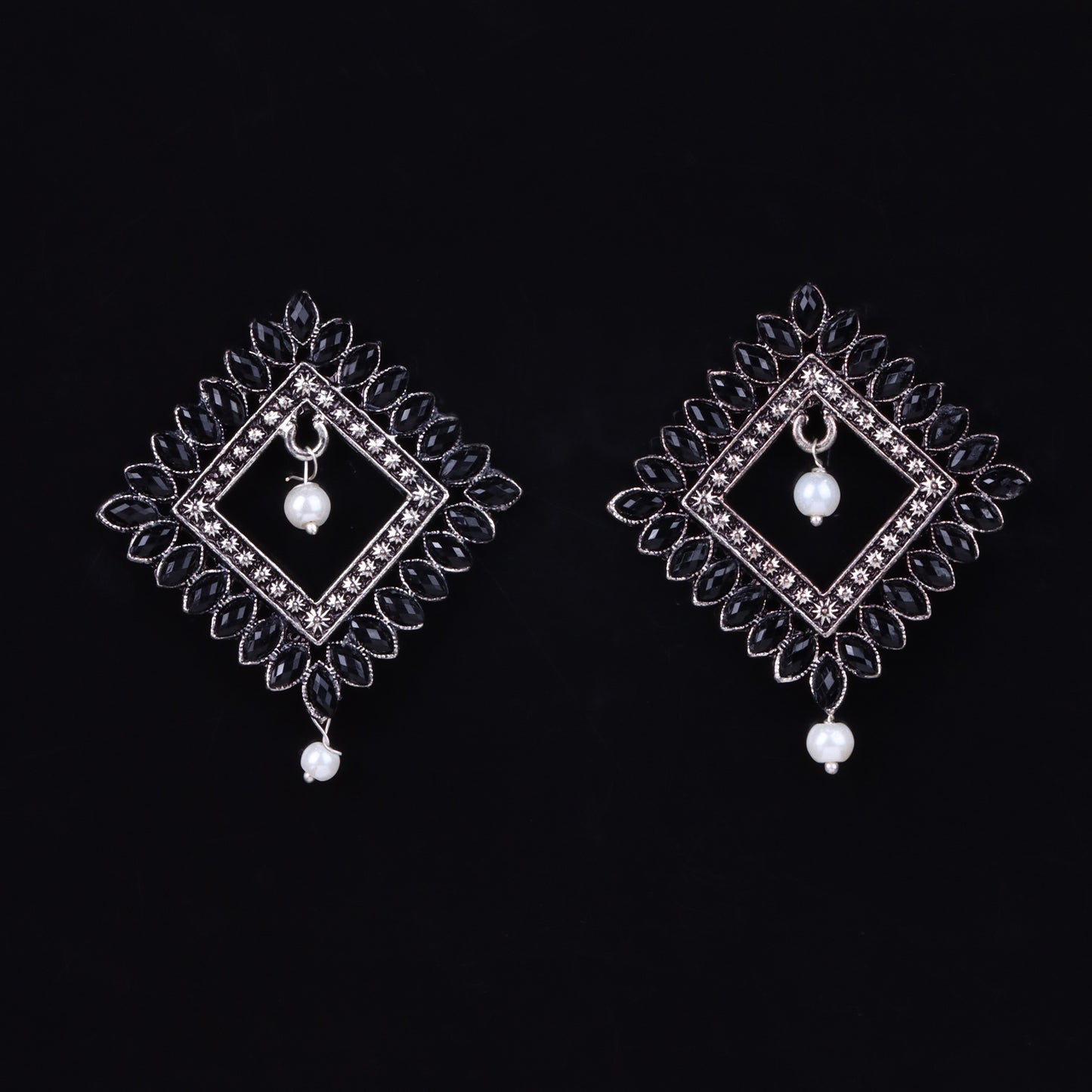 Black Stone Studded Square German Silver Earrings