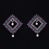 Multicolored Stone Studded Square German Silver Earrings