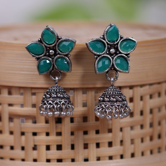 Green Stone Studded Oxidised Dangler With Hanging Jhumki Earrings