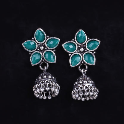 Green Stone Studded Oxidised Dangler With Hanging Jhumki Earrings