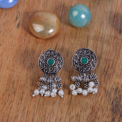 Green Stone Studded Elegant Oxidised Stud Earrings