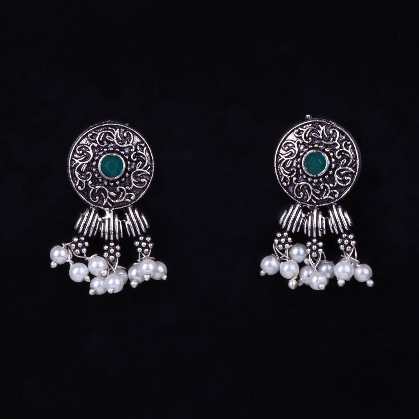 Green Stone Studded Elegant Oxidised Stud Earrings