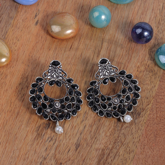 Black Stone Studded Intricate Earrings With Hanging Baby Pearl