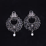 Black Stone Studded Intricate Earrings With Hanging Baby Pearl