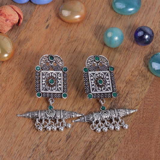 Green Stone Studded Oxidised Statement Earrings With Hanging Ghunghuroo