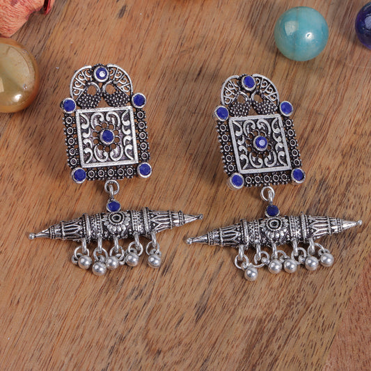 Blue Stone Studded Oxidised Statement Earrings With Hanging Ghunghuroo