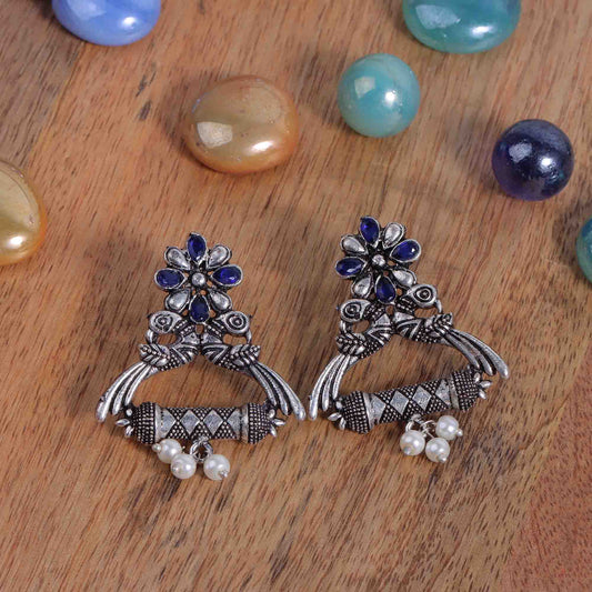 Blue Stone Studded Elegant Earrings With Hanging Baby Pearls