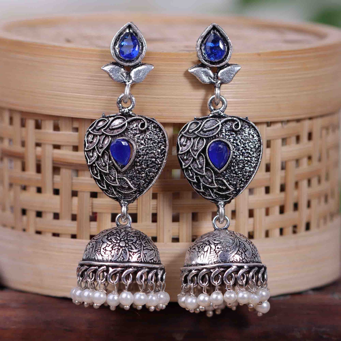 Blue Stone Studded Danglers With Hanging Jhumka