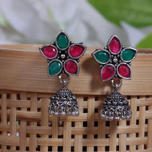 Multicolor Stone Studded Oxidised Dangler With Hanging Jhumki Earrings