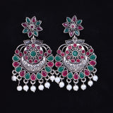 Multicolored Stone Studded Statement Oxidised Earrings With Hanging Pearls