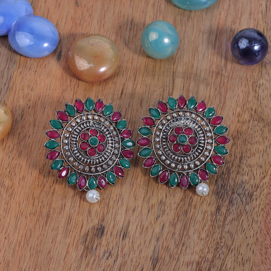 Multicolored Stone Studded Intricate Oxidised Stud Earrings