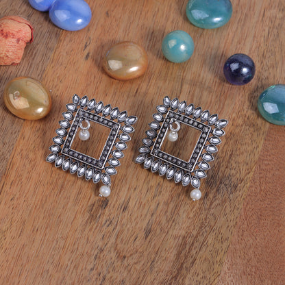 White Stone Studded Square German Silver Earrings