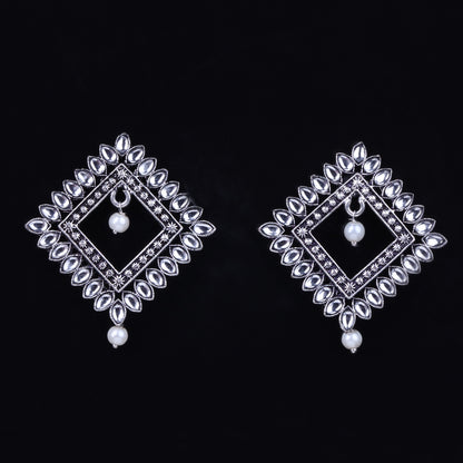 White Stone Studded Square German Silver Earrings