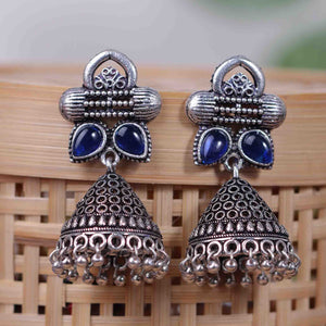 Blue Stone Studded German Silver Earrings With Brass Jhumki