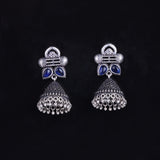 Blue Stone Studded German Silver Earrings With Brass Jhumki