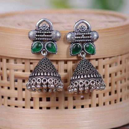 Green Stone Studded German Silver Earrings With Brass Jhumki