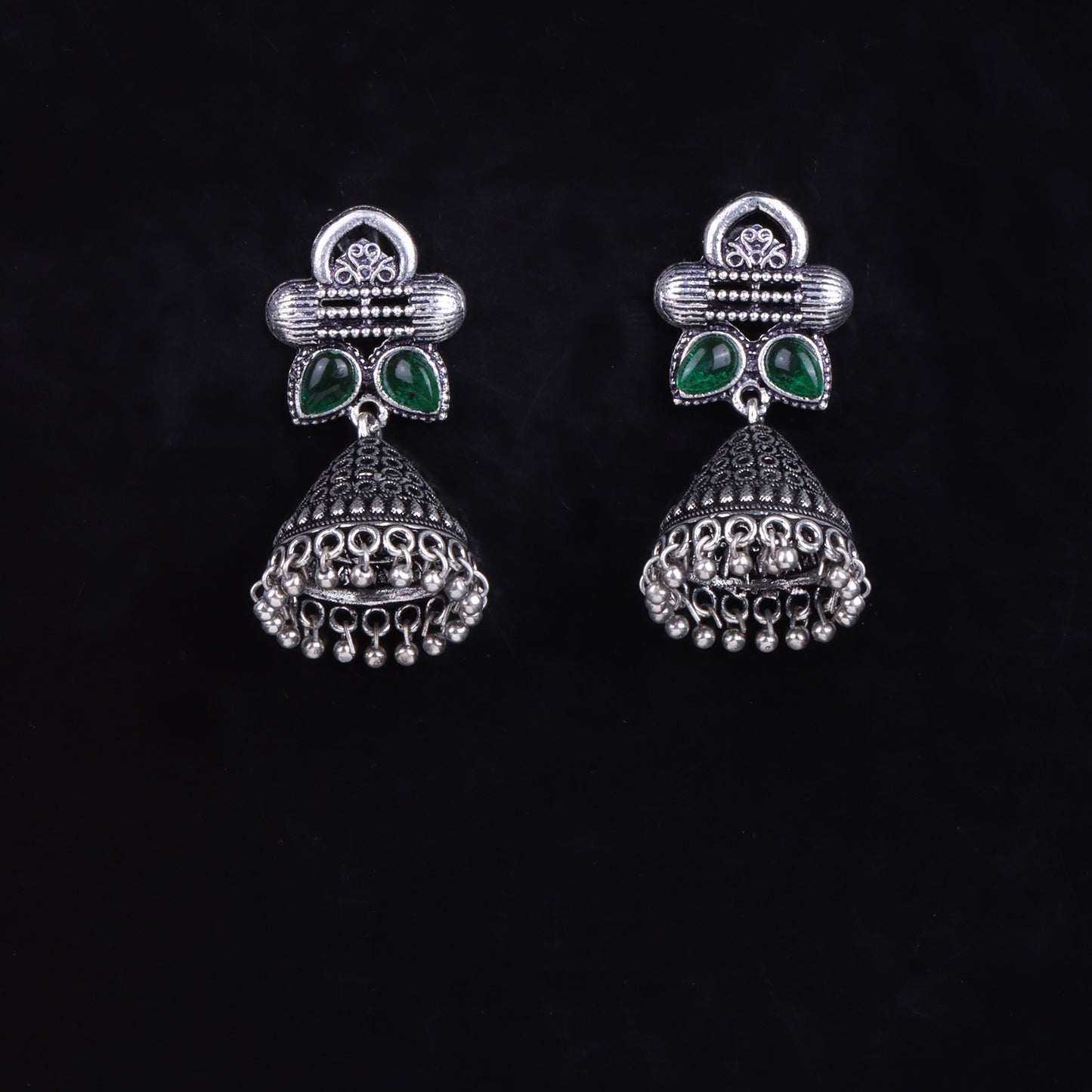 Green Stone Studded German Silver Earrings With Brass Jhumki