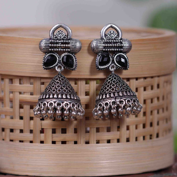 Black Stone Studded German Silver Earrings With Brass Jhumki