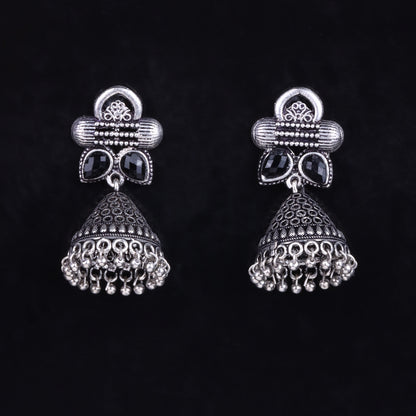 Black Stone Studded German Silver Earrings With Brass Jhumki