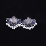 Blue Stone Studded Lotus Petal Shaped Oxidised Earrings With Hanging Line Of Pearl