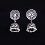 White Stone Embellished German Silver Earrings With Hanging Pearls