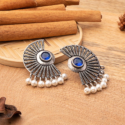 Blue Stone Studded Oxidised Earrings With Hanging Pearls