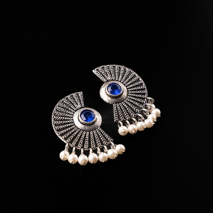 Blue Stone Studded Oxidised Earrings With Hanging Pearls